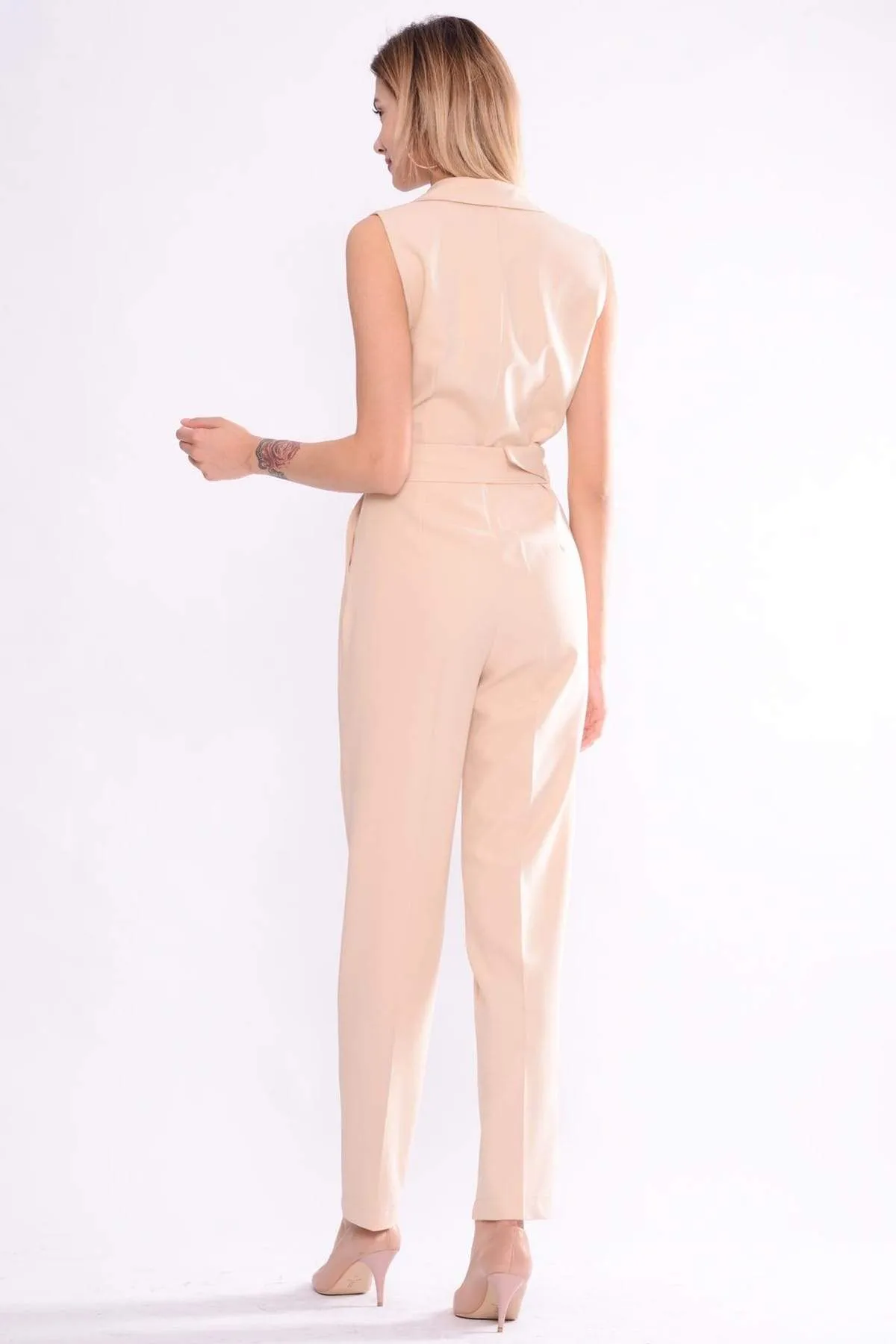 16264 Beige Blazer Collar Jumpsuit
