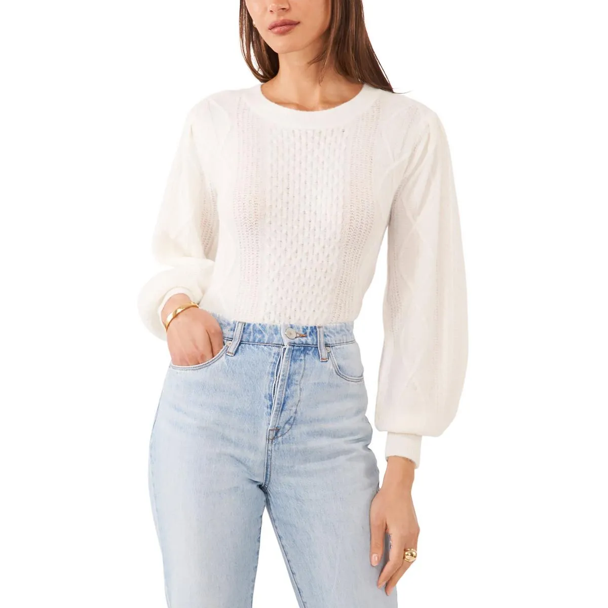1.State Womens Midnight Garden Cable Knit Crewneck Pullover Sweater