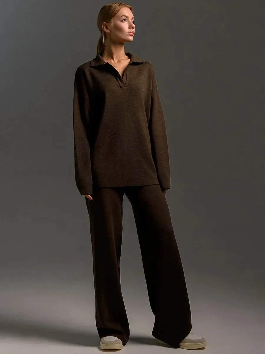 2 Pcs Knitted Polo Neck Sweater & Wide Leg Joggers Set