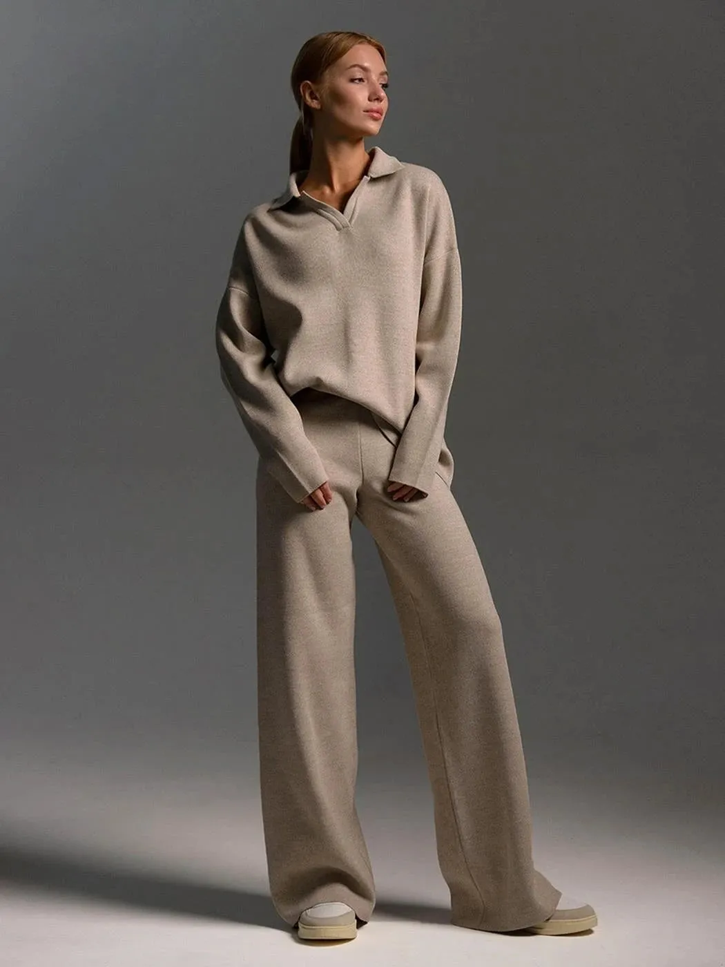 2 Pcs Knitted Polo Neck Sweater & Wide Leg Joggers Set