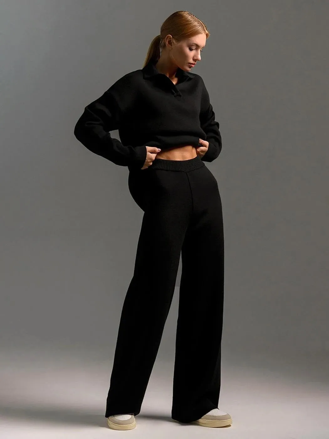 2 Pcs Knitted Polo Neck Sweater & Wide Leg Joggers Set