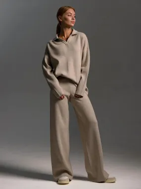 2 Pcs Knitted Polo Neck Sweater & Wide Leg Joggers Set