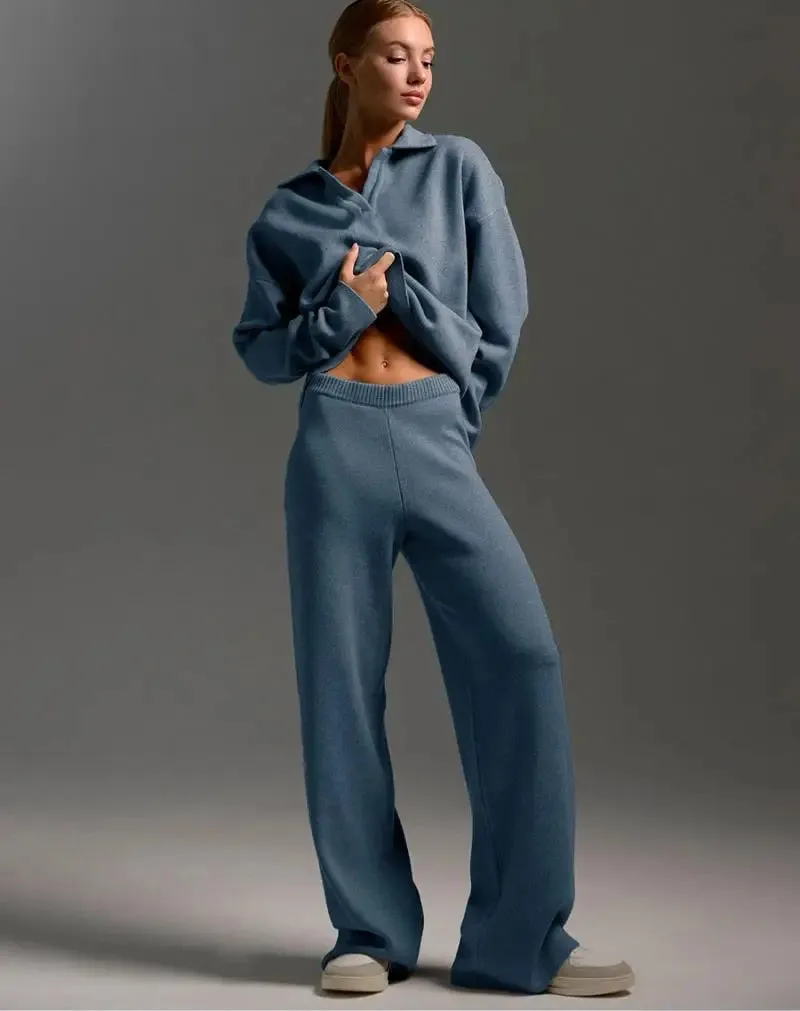 2 Pcs Knitted Polo Neck Sweater & Wide Leg Joggers Set