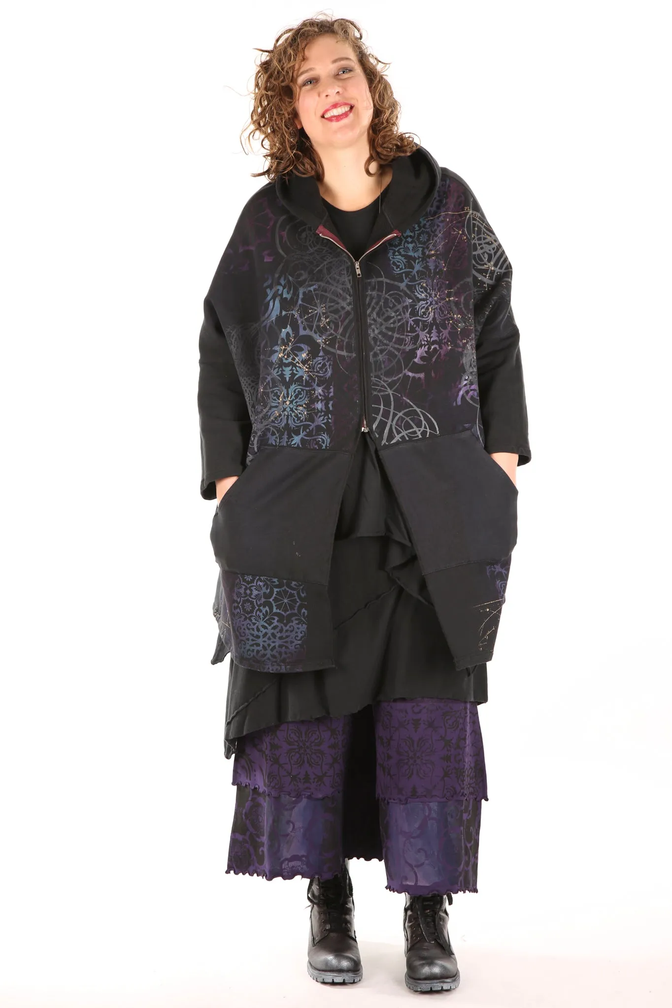5255 HZ Square Zipper Hoodie Black Blue Violet Constellation