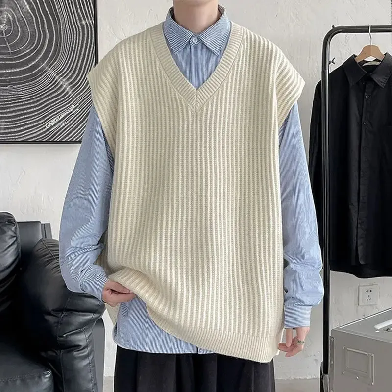 Autumn and Winter V-neck Sweater Vest Men Solid Color Acrylic Sleeveless Ins College Style Harajuku Knitted Sweater Men