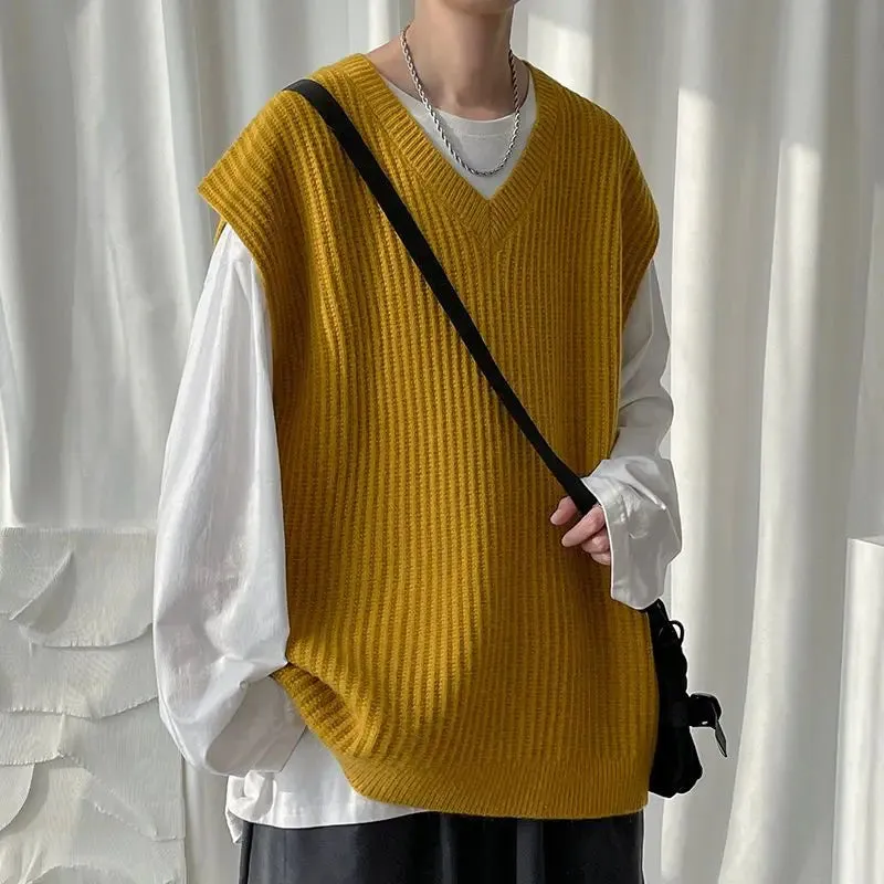 Autumn and Winter V-neck Sweater Vest Men Solid Color Acrylic Sleeveless Ins College Style Harajuku Knitted Sweater Men