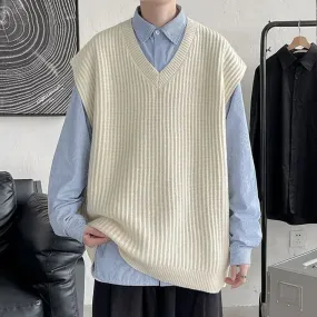 Autumn and Winter V-neck Sweater Vest Men Solid Color Acrylic Sleeveless Ins College Style Harajuku Knitted Sweater Men