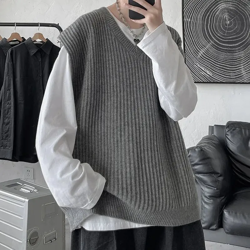 Autumn and Winter V-neck Sweater Vest Men Solid Color Acrylic Sleeveless Ins College Style Harajuku Knitted Sweater Men