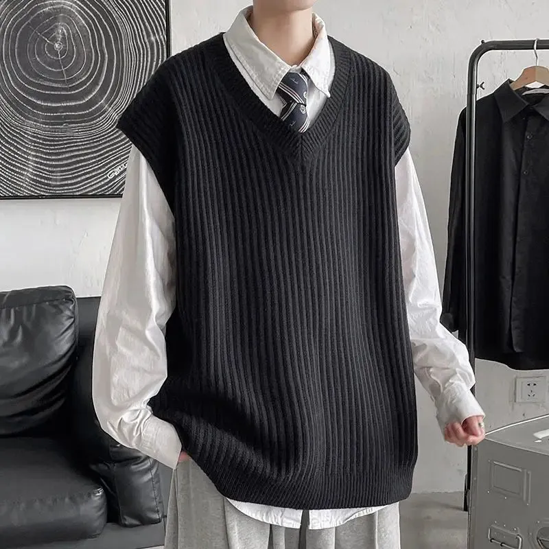 Autumn and Winter V-neck Sweater Vest Men Solid Color Acrylic Sleeveless Ins College Style Harajuku Knitted Sweater Men