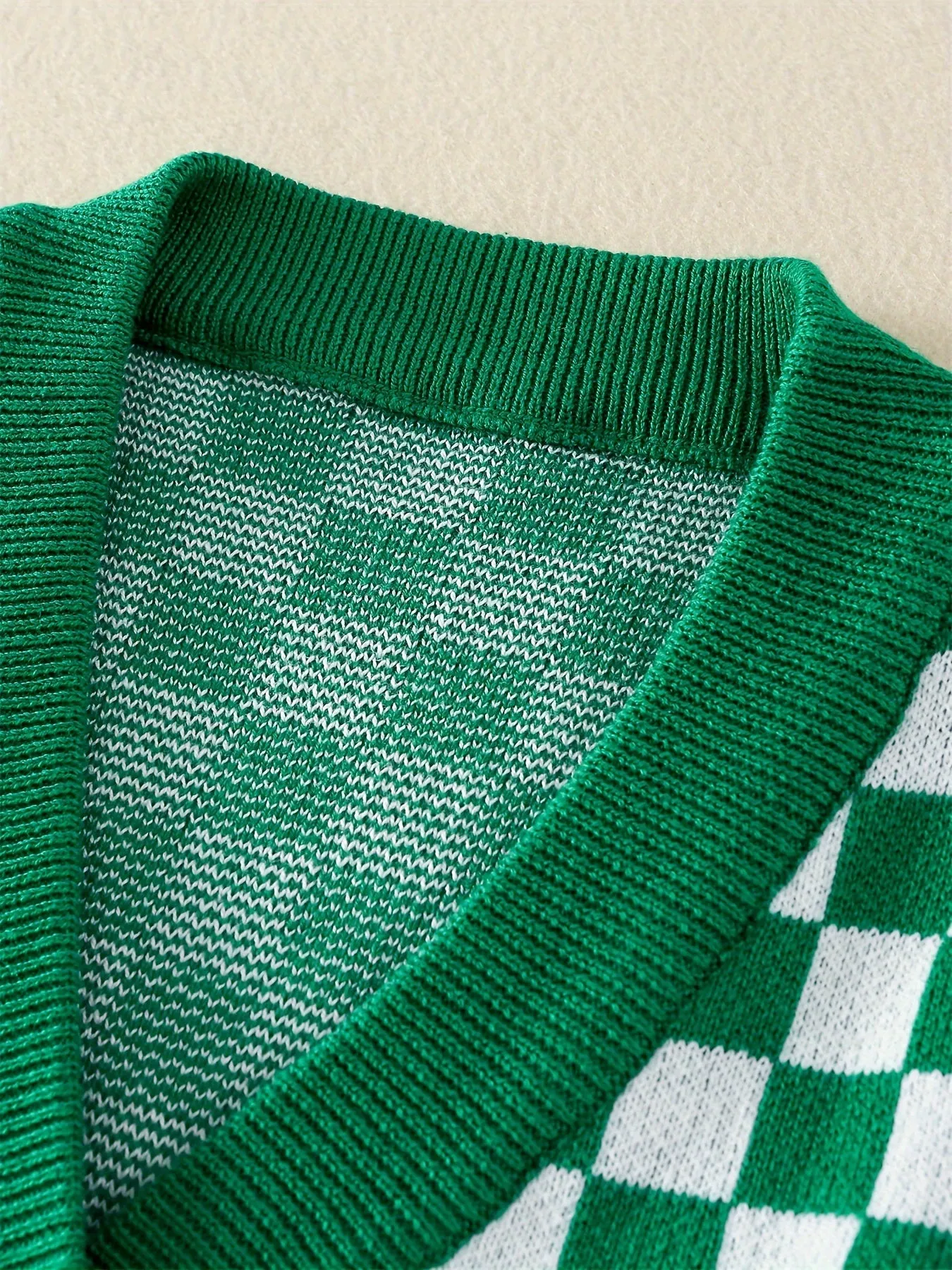 Baby's Checkerboard Pattern Cotton Knitted Cardigan, Casual Button Down V-neck Sweater, Toddler & Infant Boy's Clothing
