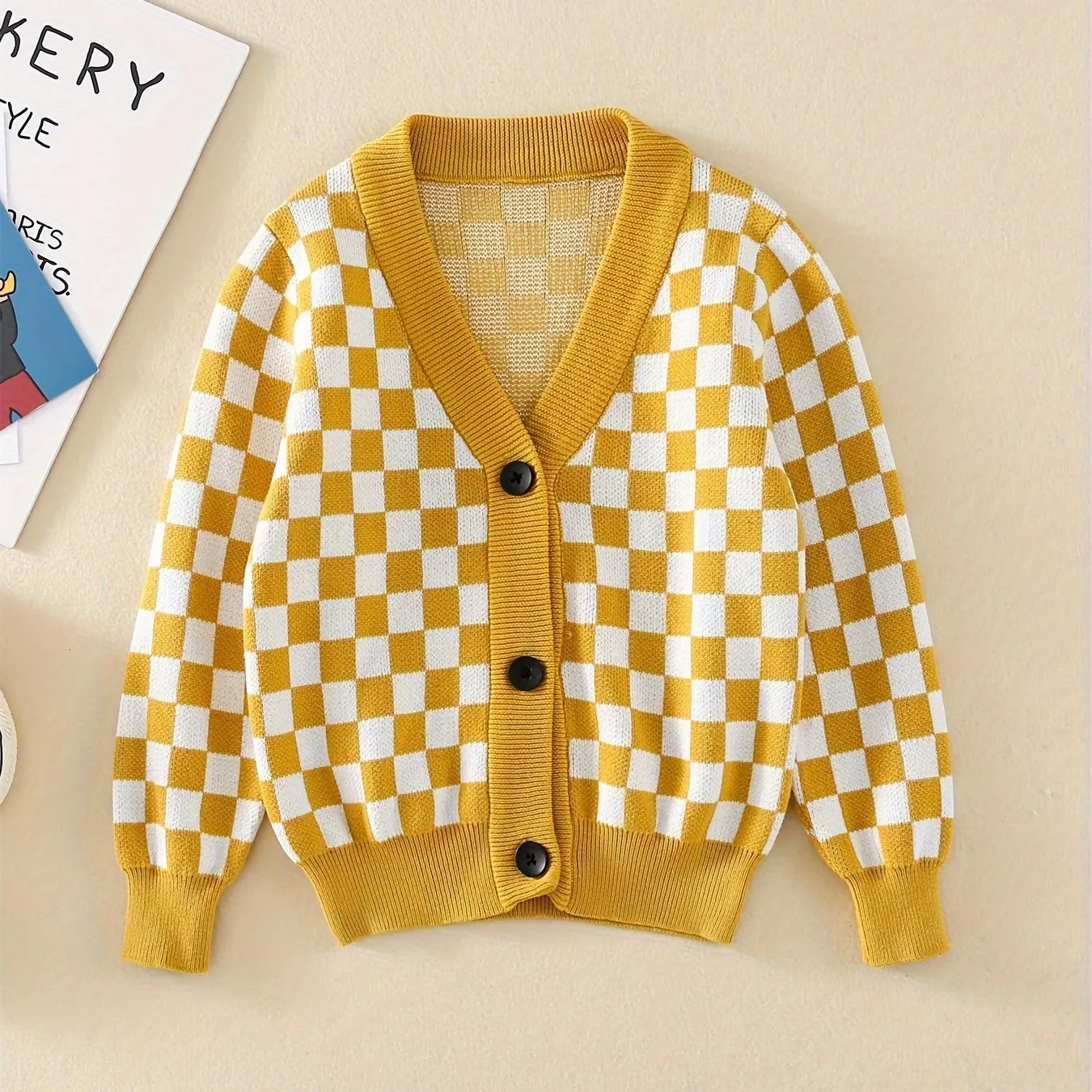 Baby's Checkerboard Pattern Cotton Knitted Cardigan, Casual Button Down V-neck Sweater, Toddler & Infant Boy's Clothing