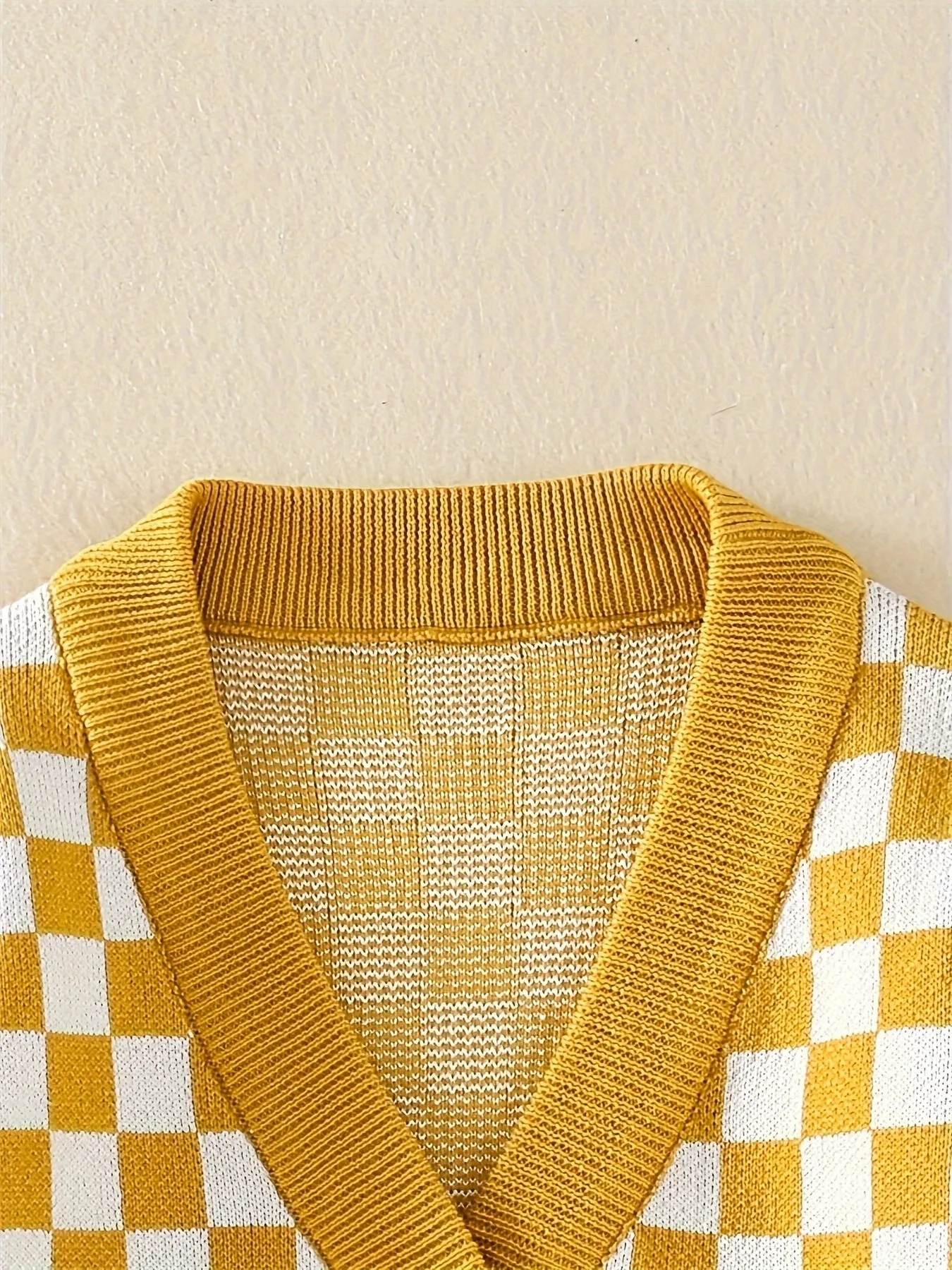 Baby's Checkerboard Pattern Cotton Knitted Cardigan, Casual Button Down V-neck Sweater, Toddler & Infant Boy's Clothing