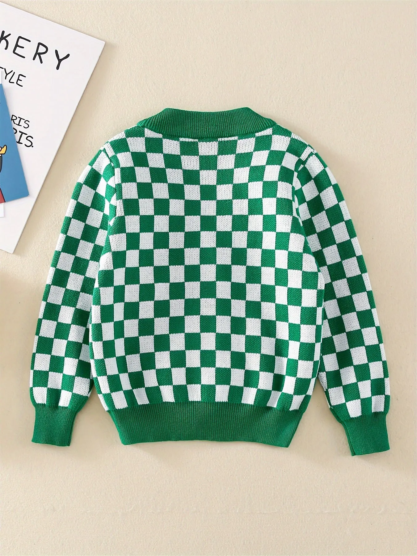 Baby's Checkerboard Pattern Cotton Knitted Cardigan, Casual Button Down V-neck Sweater, Toddler & Infant Boy's Clothing