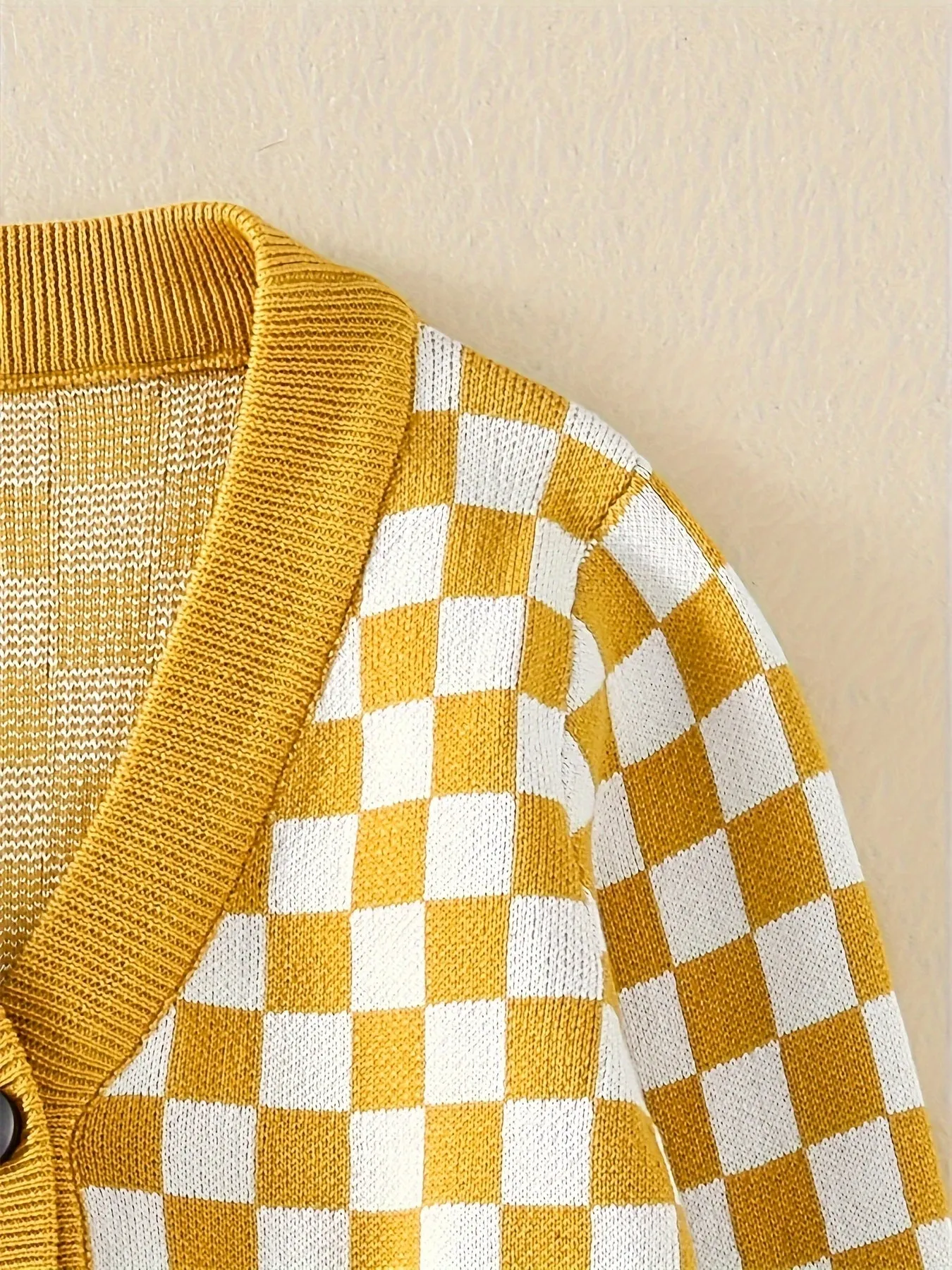 Baby's Checkerboard Pattern Cotton Knitted Cardigan, Casual Button Down V-neck Sweater, Toddler & Infant Boy's Clothing