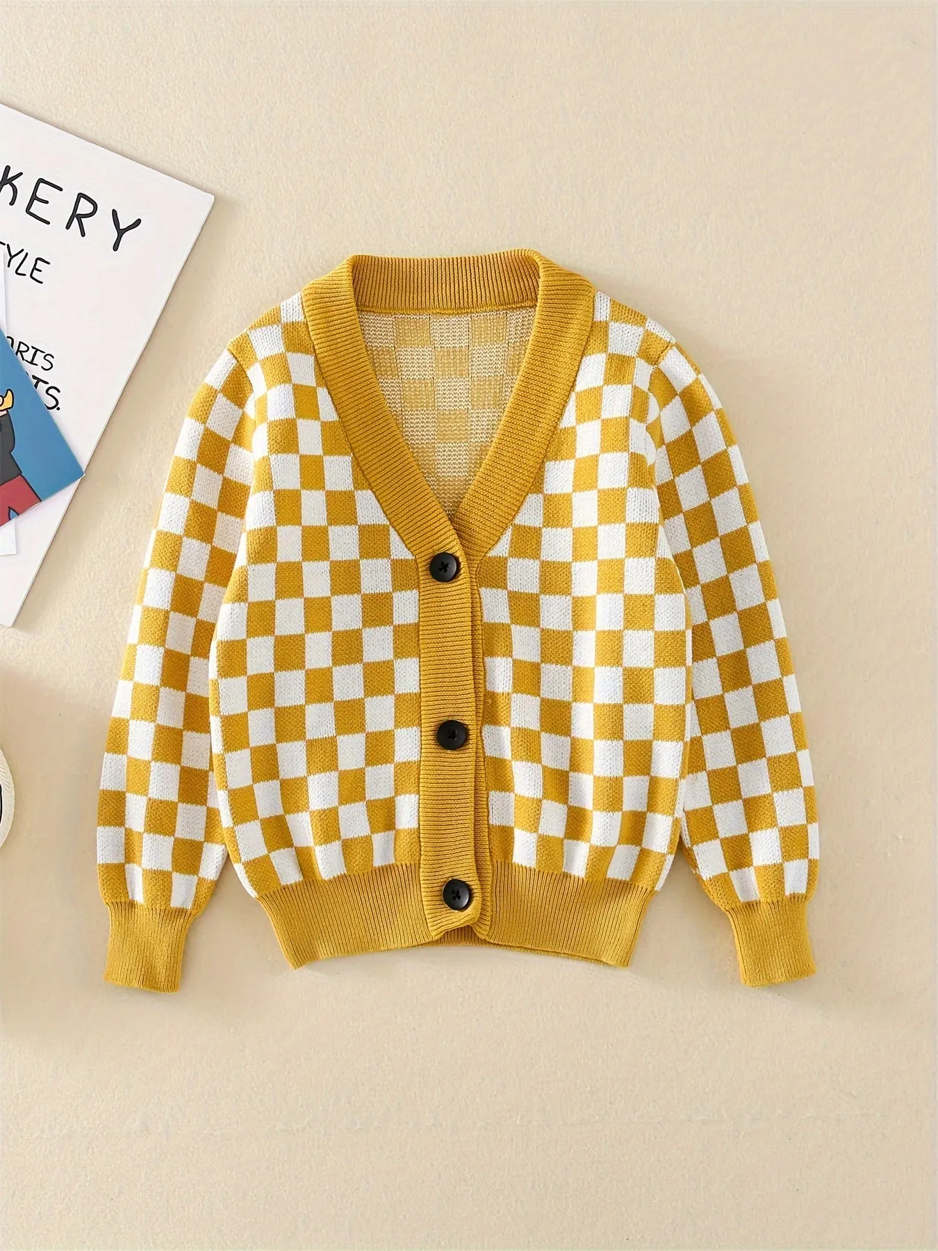 Baby's Checkerboard Pattern Cotton Knitted Cardigan, Casual Button Down V-neck Sweater, Toddler & Infant Boy's Clothing