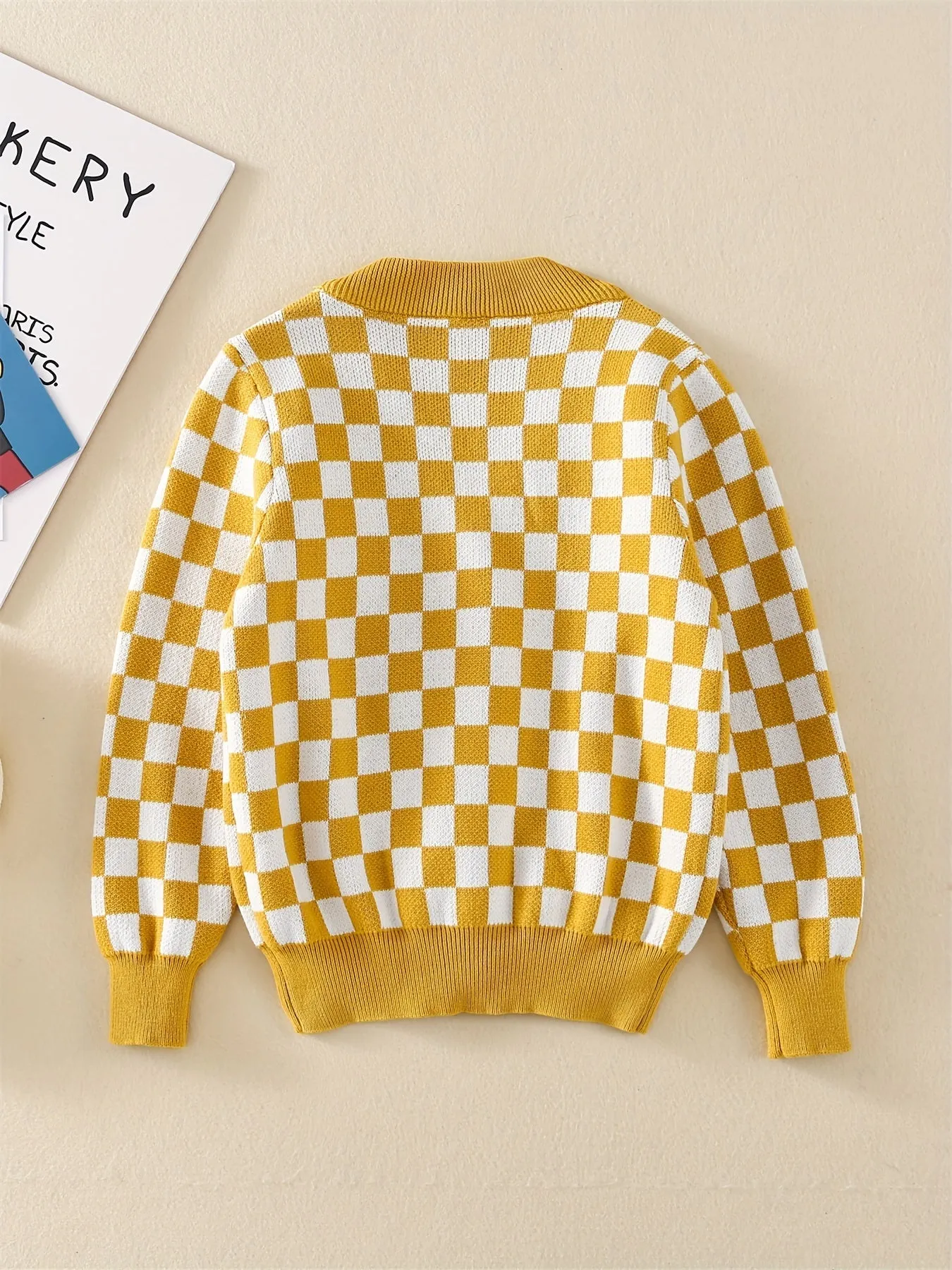 Baby's Checkerboard Pattern Cotton Knitted Cardigan, Casual Button Down V-neck Sweater, Toddler & Infant Boy's Clothing