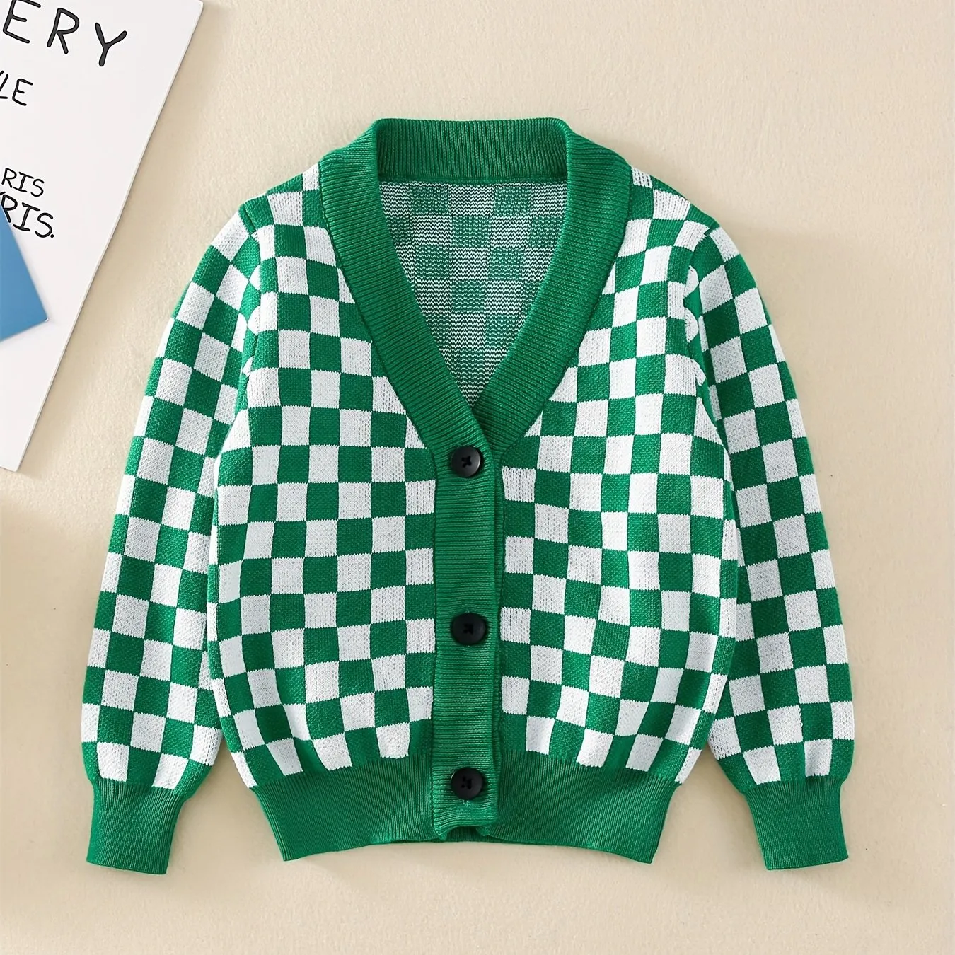Baby's Checkerboard Pattern Cotton Knitted Cardigan, Casual Button Down V-neck Sweater, Toddler & Infant Boy's Clothing