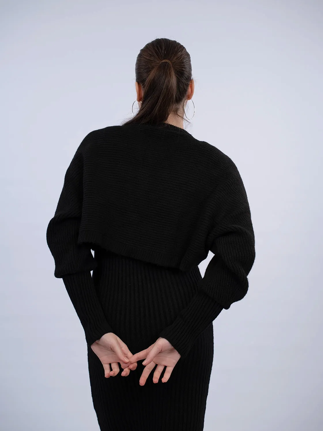 Black Dress With Cardigan Knit Wear Set