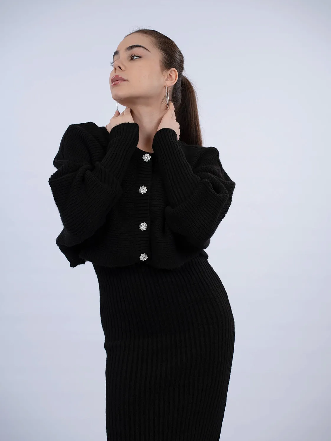 Black Dress With Cardigan Knit Wear Set