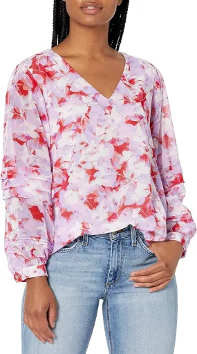 Calvin Klein Women's Long Sleeve Printed V Neck Blouse, Size M