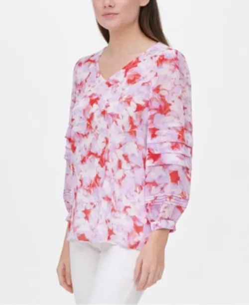 Calvin Klein Women's Long Sleeve Printed V Neck Blouse, Size M