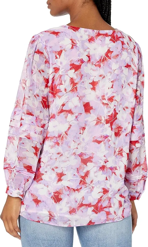 Calvin Klein Women's Long Sleeve Printed V Neck Blouse, Size M