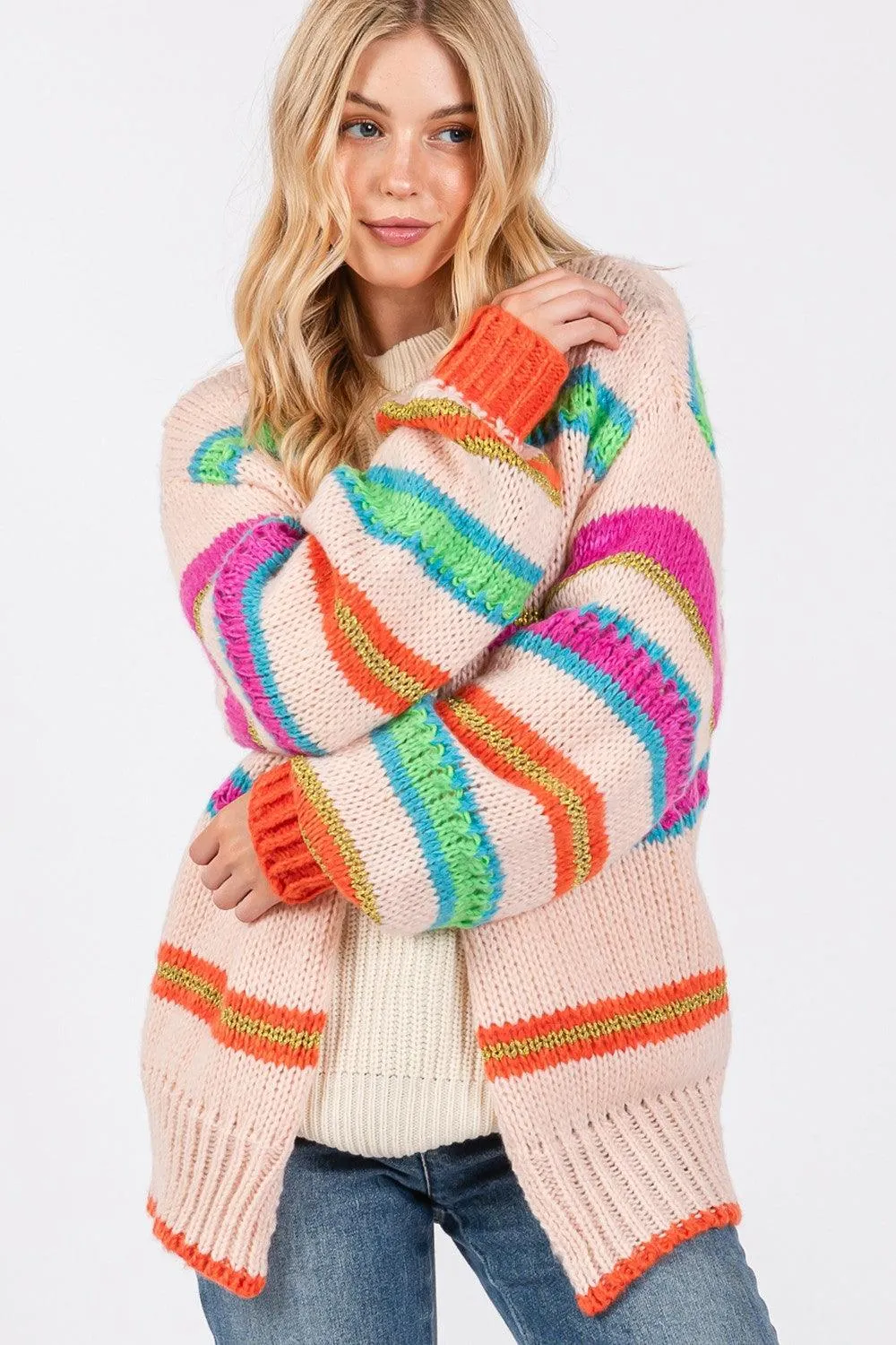 Cardigan SAGE   FIG Rainbow Striped Open Front Knit Long Sleeve