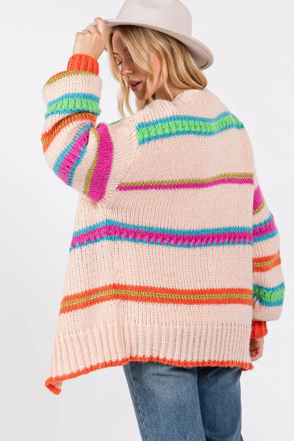 Cardigan SAGE   FIG Rainbow Striped Open Front Knit Long Sleeve