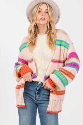 Cardigan SAGE   FIG Rainbow Striped Open Front Knit Long Sleeve