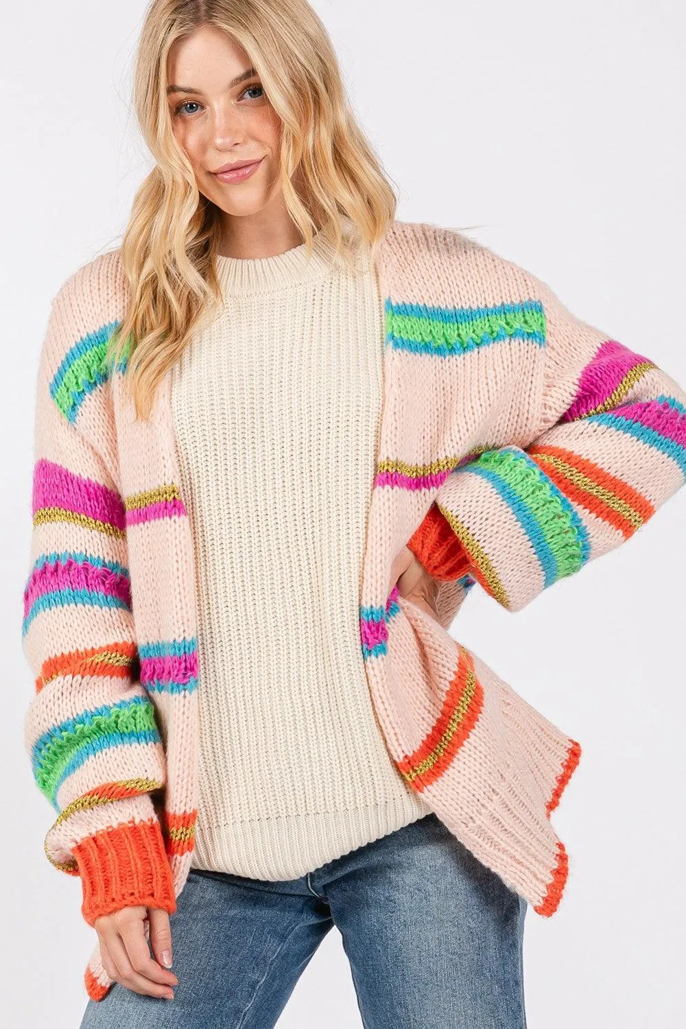 Cardigan SAGE   FIG Rainbow Striped Open Front Knit Long Sleeve