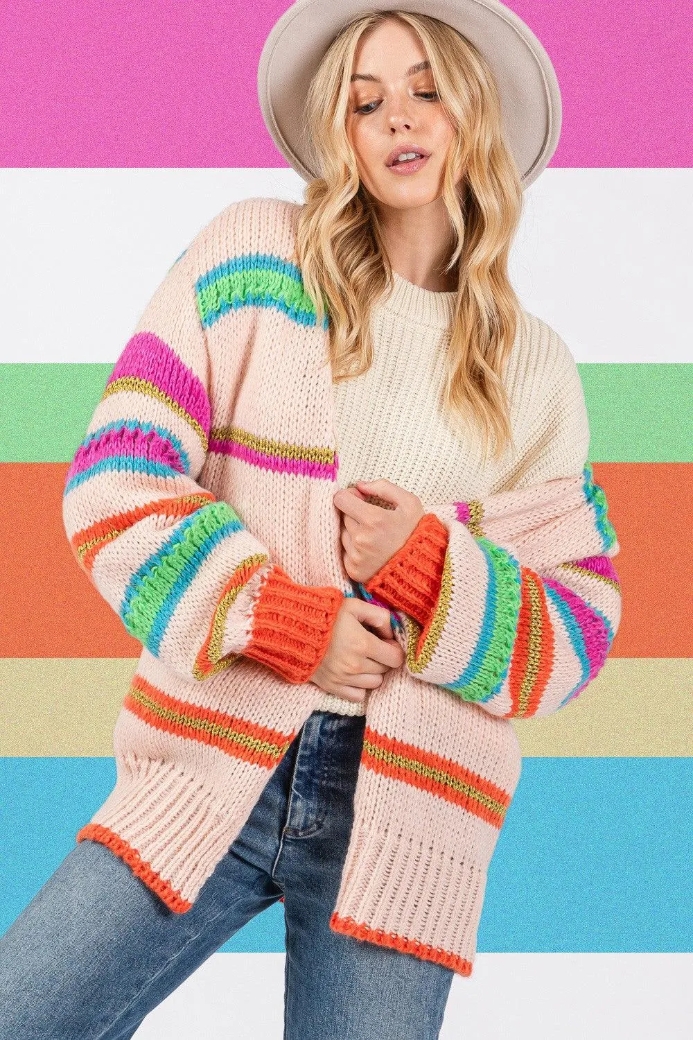 Cardigan SAGE   FIG Rainbow Striped Open Front Knit Long Sleeve