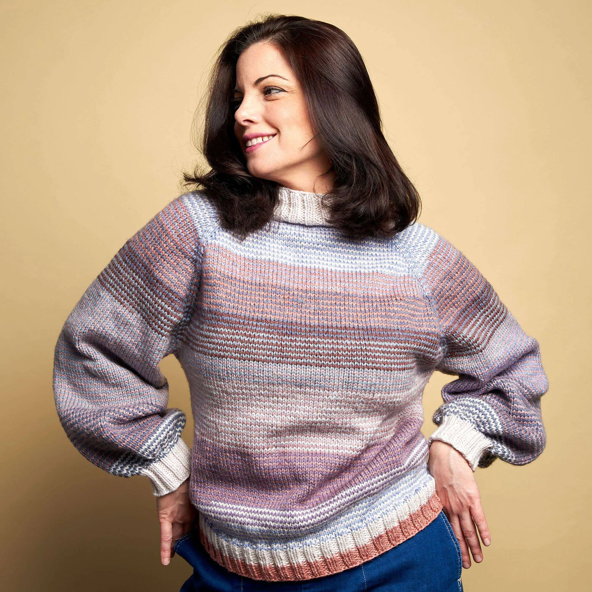 Caron Knit Striped Statement Sleeve Pullover
