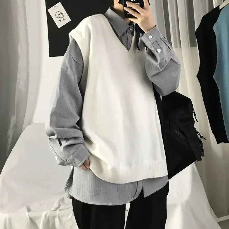 CHICMY-2024 Spring New Korean Fashion Men Pullover Oversized Sweater Vest Male Loose Casual Harajuku Waistcoat Knit Vest for Men