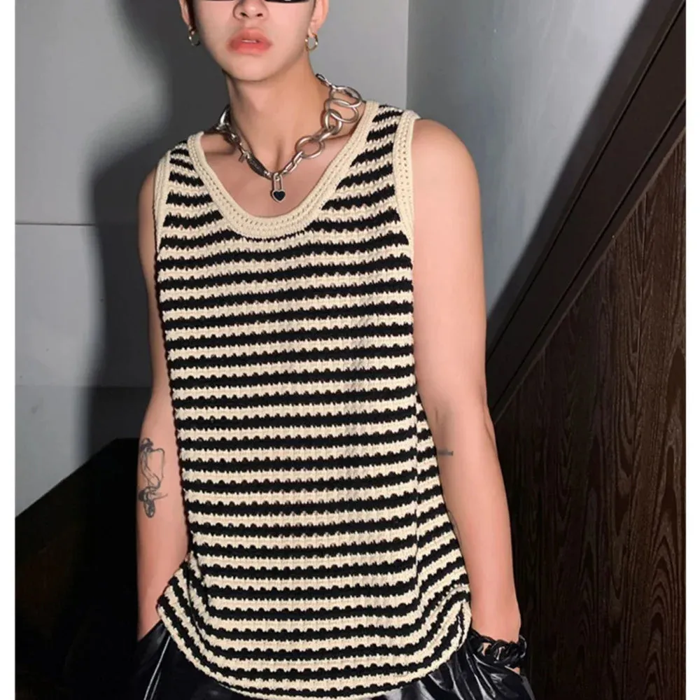 CHICMY-2024 Summer New Niche Knitted Hollow Striped Vest Men Spaghetti Straps O-Neck Casual Loose Retro Couple Knit Sweater Vest