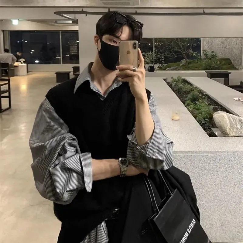 ChicMy-Fall Outfits -2024 Autumn Acrylic Knitted Sweater Vest Men V-neck Sleeveless Golf Vest Korean Style Solid Color Loose Casual Casual Men's Vest
