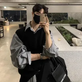 ChicMy-Fall Outfits -2024 Autumn Acrylic Knitted Sweater Vest Men V-neck Sleeveless Golf Vest Korean Style Solid Color Loose Casual Casual Men's Vest