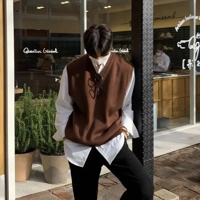 ChicMy-Fall Outfits -2024 Autumn Acrylic Knitted Sweater Vest Men V-neck Sleeveless Golf Vest Korean Style Solid Color Loose Casual Casual Men's Vest