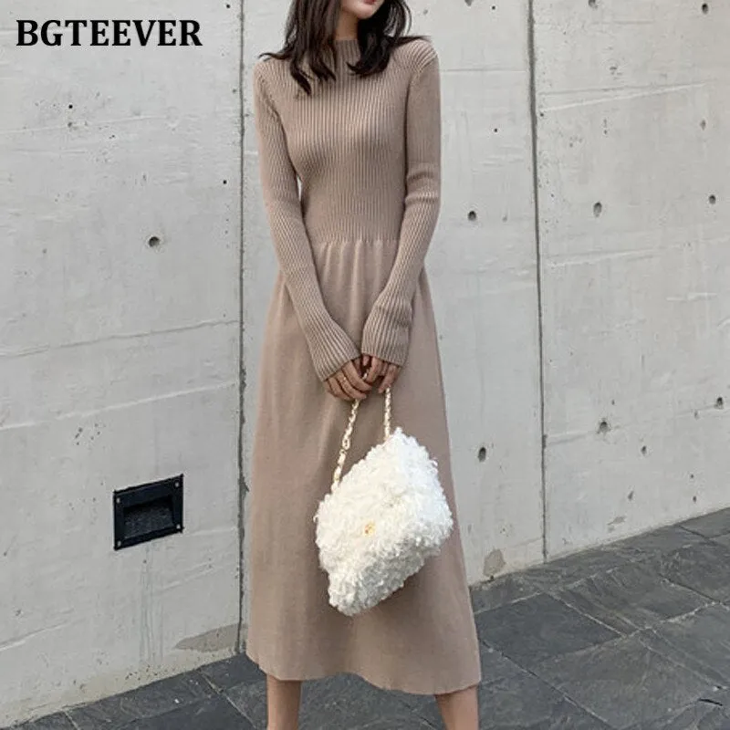 Christmas Gift Joskaa Elegant A-line Knit Dress Women Long Sleeve Slim Waist Basic Sweater Dresses Womens Autumn Winter Bottom Solid Dresses