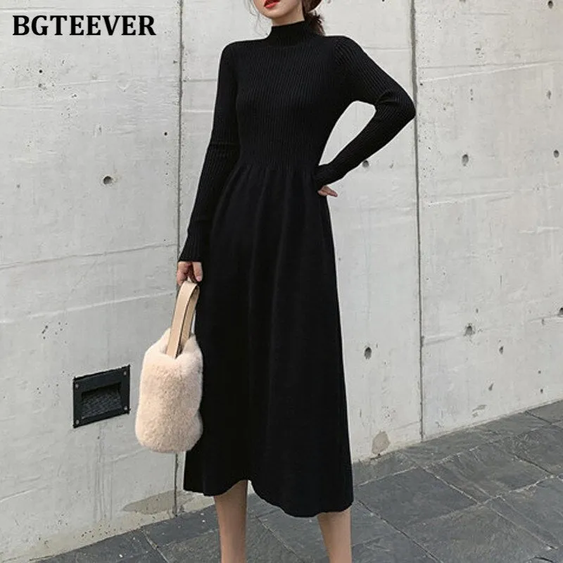 Christmas Gift Joskaa Elegant A-line Knit Dress Women Long Sleeve Slim Waist Basic Sweater Dresses Womens Autumn Winter Bottom Solid Dresses