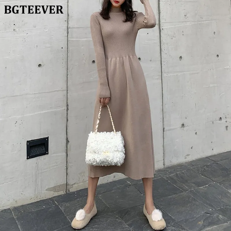 Christmas Gift Joskaa Elegant A-line Knit Dress Women Long Sleeve Slim Waist Basic Sweater Dresses Womens Autumn Winter Bottom Solid Dresses