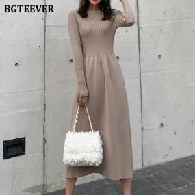 Christmas Gift Joskaa Elegant A-line Knit Dress Women Long Sleeve Slim Waist Basic Sweater Dresses Womens Autumn Winter Bottom Solid Dresses