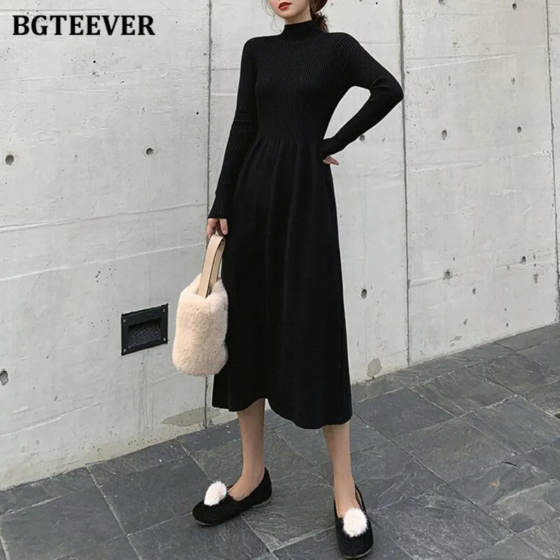 Christmas Gift Joskaa Elegant A-line Knit Dress Women Long Sleeve Slim Waist Basic Sweater Dresses Womens Autumn Winter Bottom Solid Dresses