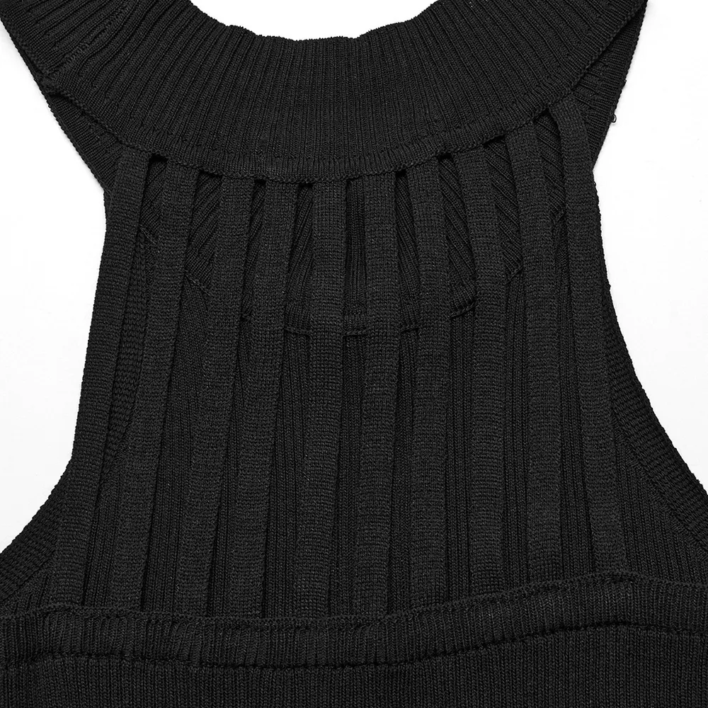 Edgy Halter Neck Knit Top with Woven Belt Detail