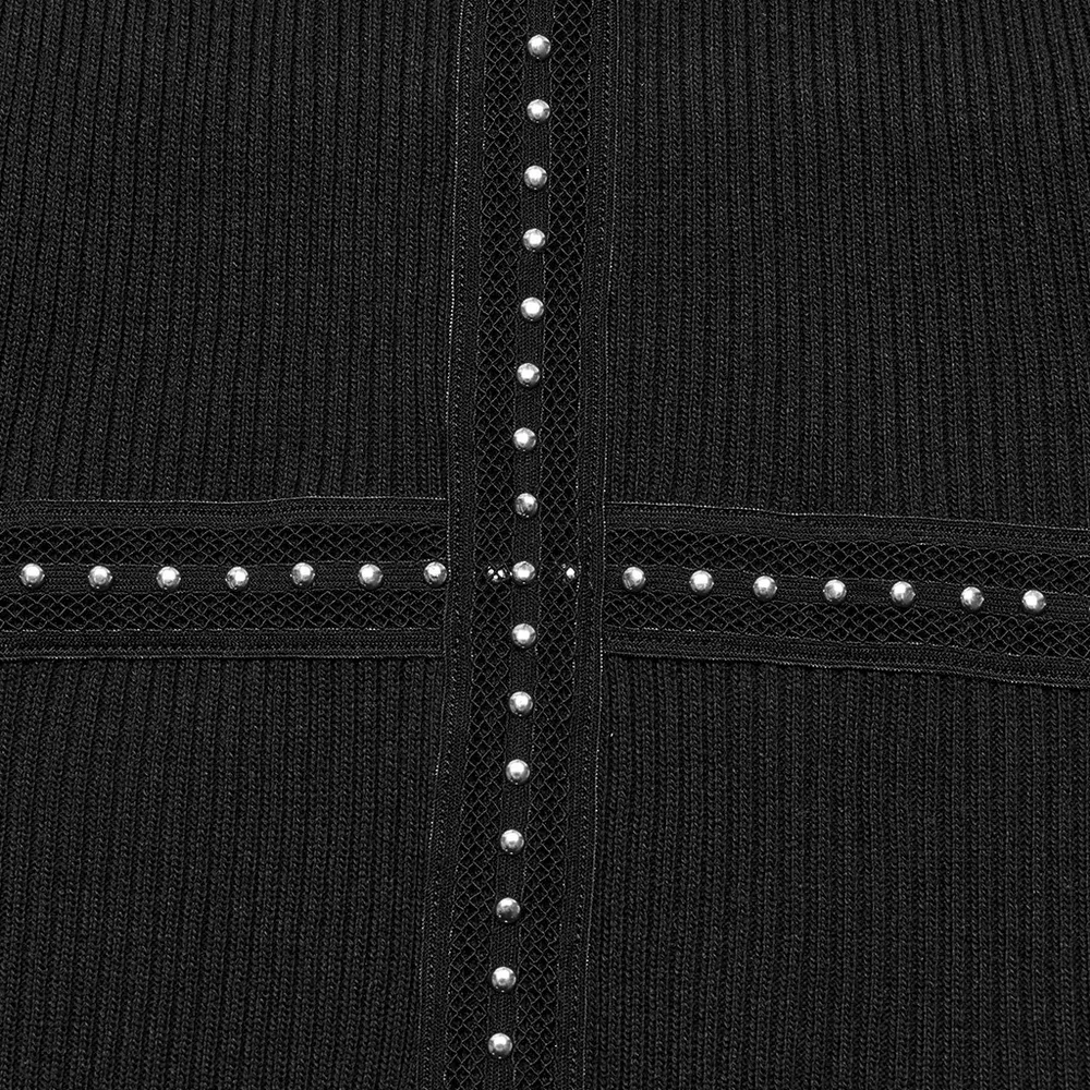 Edgy Halter Neck Knit Top with Woven Belt Detail