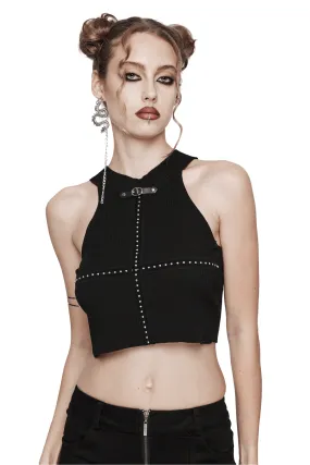 Edgy Halter Neck Knit Top with Woven Belt Detail
