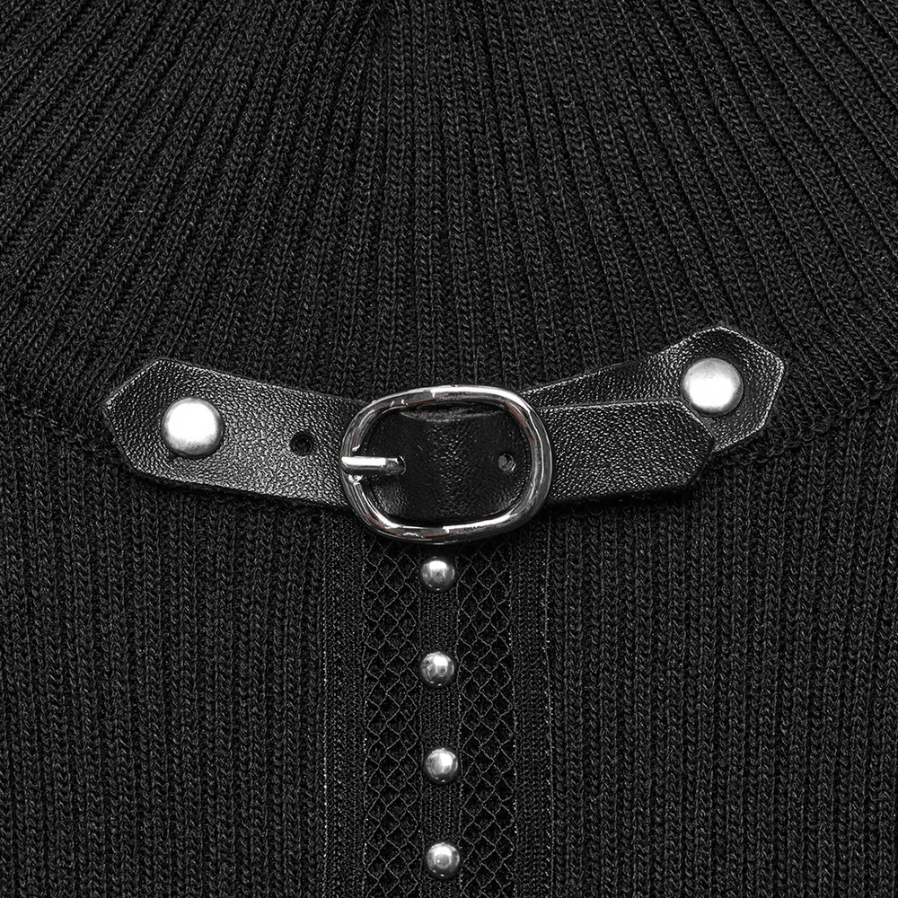 Edgy Halter Neck Knit Top with Woven Belt Detail