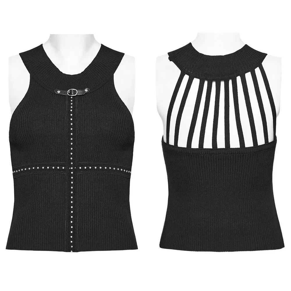Edgy Halter Neck Knit Top with Woven Belt Detail