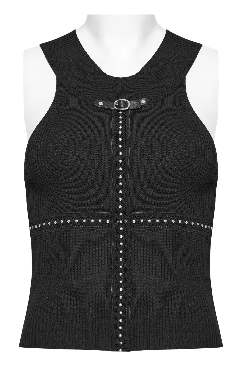Edgy Halter Neck Knit Top with Woven Belt Detail