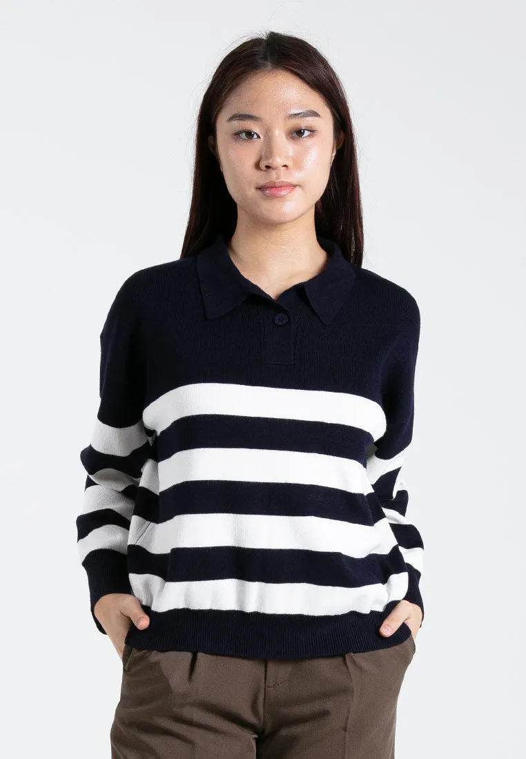 Forest Ladies Casual Striped Polo Long Sleeve Sweater Knit Top | Baju Lengan Panjang Perempuan - 822395