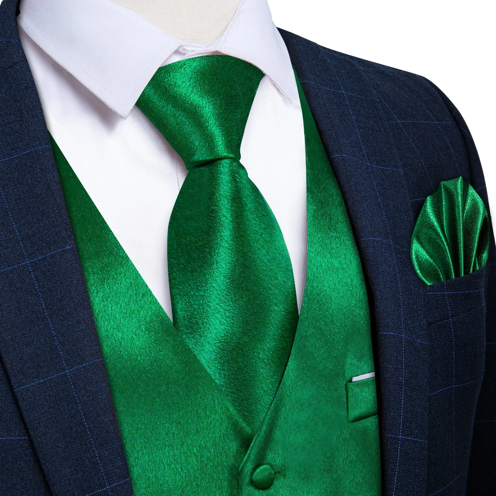 Green Solid Shining Silk Men Vest Necktie Bow Tie Handkerchief Cufflinks Set